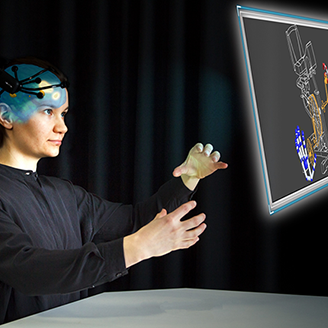 An artistic representation of a person with a brain scanning device on the right side of their head, designing a product in a virtual reality environment 
