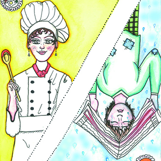A colourful pencil drawing split diagonally showing a happy person in a chef’s outfit on one side, upside down on the other side is the same person sheltering from the rain under a newspaper