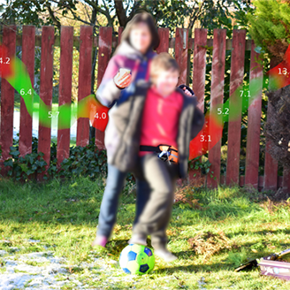 A mother and child play with a football in a garden. The child has a monitoring device strapped to their waist. A colour graph in the background represents changing glucose levels.
