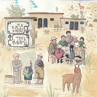 Watercolour painting showing a meeting taking place outdoors between people in suits and others in traditional outfits