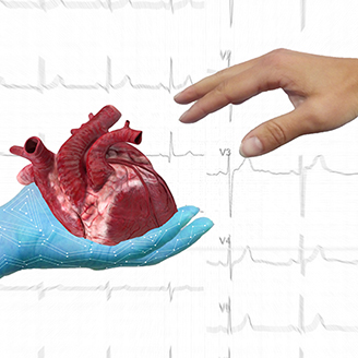 A human hand reaches toward a digital hand holding a heart with an ECG reading the background