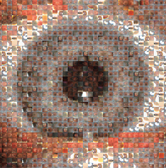 A close up of an eye made up of hundreds of images of the back of the eye