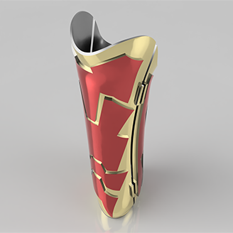 A digital design for a red and gold prosthetic leg cover emulating the style of Iron Man