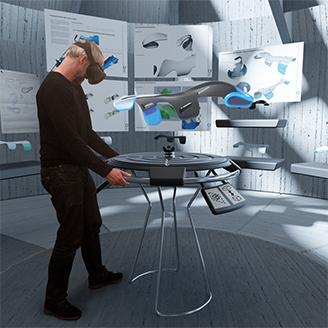 A man with a VR headset stands in a VR environment, viewing a 3D product design with design drawings in the background