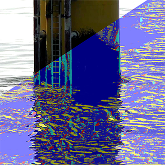 A video still of an offshore wind turbine base overlaid with a graphic that shows the impact of waves on the structure