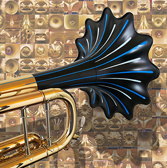 A graphic mock-up of a novel trumpet design with numerous previous designs in the background