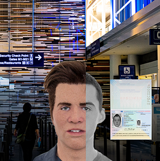 A close up image of a person’s face split to show a hyper-realistic mask that disguising the real face, nest to a photo of a passport with an airport interior in the background