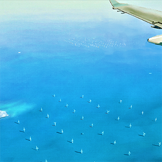 A painting showing the view from a plane window as it flies over a group of offshore wind turbines
