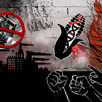 A graffiti style image with anti-vax and anti-GMO imagery