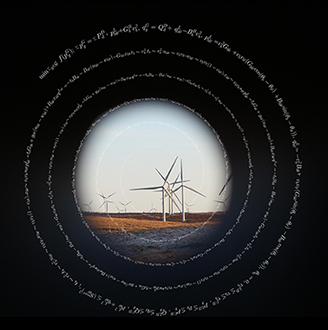 Wind turbines as if looking through a tunnel with mathematic equations spiralling in towards the centre