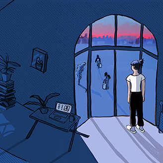 Cartoon-style image of a lonely person standing in a darkened room looking out of the window at people outside