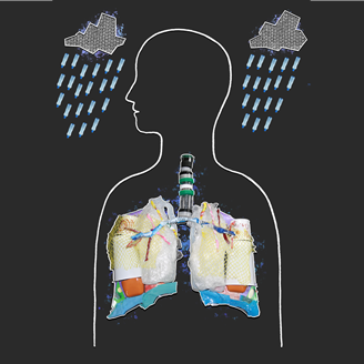 A collage of a person showing their lungs filled with waste plastics