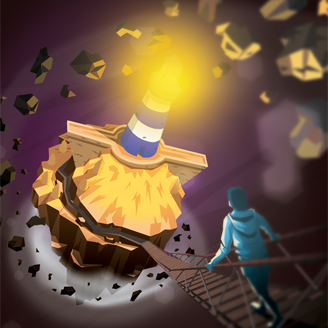 Digital art showing a person going down a steep walkway to a crumbling island with a lighthouse on it