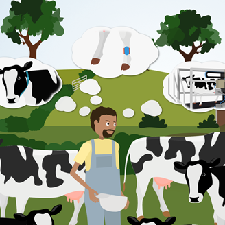 Cartoon of farmer with his cows, with thought bubbles showing various digital tracking devices