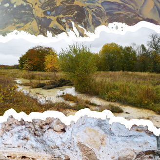 A montage showing contaminated water, limestone and a landscape