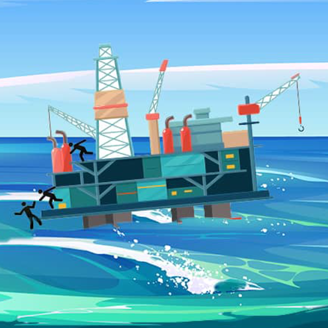 A graphic illustration of an oil rig in turbulent seas