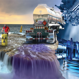 Collage of an illustration of a tanker and toxic waste barrels on the sea shore and a photo of a water being poured into a glass from a bottle