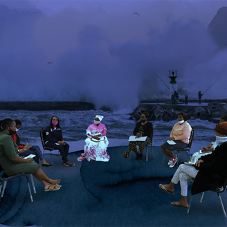 A group of people sit in discussion with people fishing in from a pier in the background