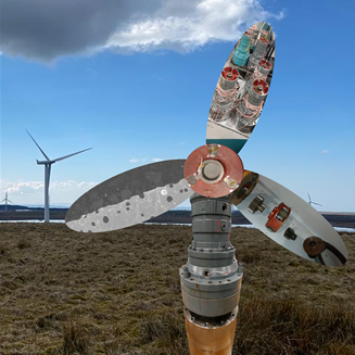 Wind turbine components in a skip next to a mocked up turbine made from old parts