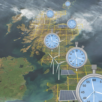 Map of the UK overlaid with clocks, turbines and solar panels connected by a grid