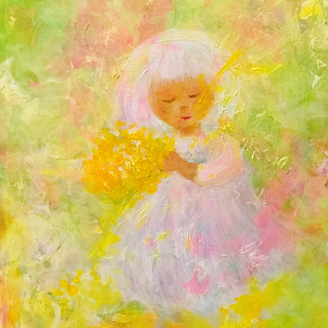 A colourful painting depicting a young girl surrounded by nature