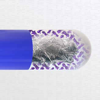 A graphic illustration of a capsule, blue at one end and with crystals at the other end