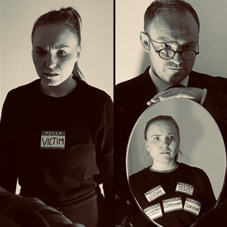 A black and white photo of a girl on the left with a victim label, a man on the right holding a mirror showing her reflection with lots of different labels