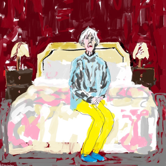 A digital sketch showing a lonely, aged women sitting at the end of her bed