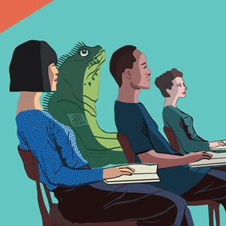 An illustration of people in a classroom with a human-size lizard sitting among them