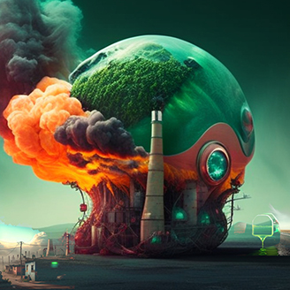 A futuristic representation of a globe with industrial elements at its base, fire at the left side, tall chimney in the middle and forests on top