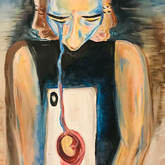 A painting of a person crying – the tear stretching down to a mobile phone and into an image of a foetus  