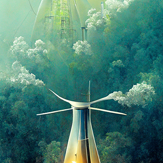 Futuristic towers rise up surrounded by slush green forests with small plumes of steam 