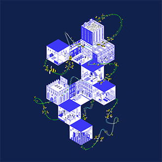 A blue graphic showing linked cubes, representing different buildings. Green lines weave and swirl between the cubes with bees flying along them.