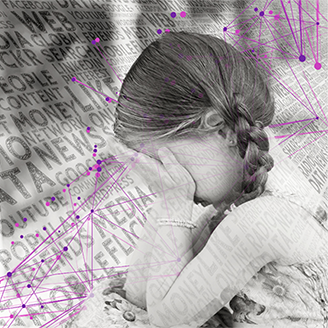 A black and white image of a little girl with her face in her hands facing a tilted wall of words with a network of fine magenta lines joining them up.