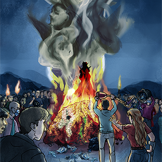 An illustration showing a crowd surrounding a bonfire. A thick cloud of smoke rises into the air forming faces as a man throws a prosthetic leg onto the bonfire.