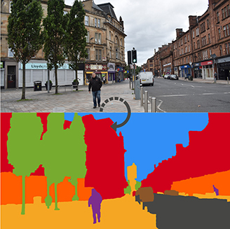 A split image showing a street scene on top and a colourful graphic representation of the scene below