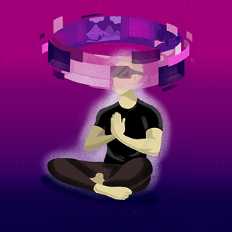 A graphic representation of a person sitting in the lotus position, hands clasped, with a VR headset on and imagery rotating around their head