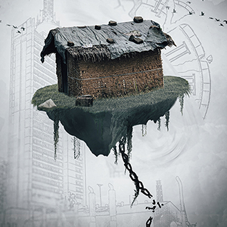 A graphic representation of a small building floating in the air tethered by a chain that is breaking with a faint breaking clock and skyscraper in the background.
