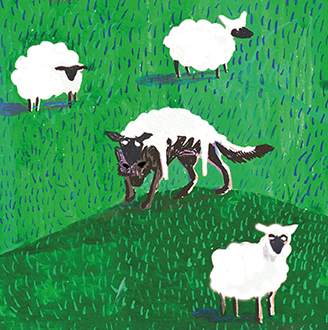 An illustration of a field of sheep with a wolf in the middle with a sheep’s fleece on its back