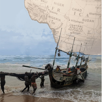 A fishing boat in front of a map of Africa
