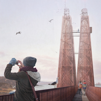 A woman with mobile next to large towers