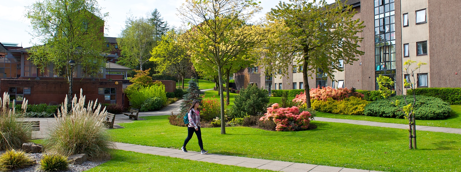 Student walking through campus beside Birkbeck Court 