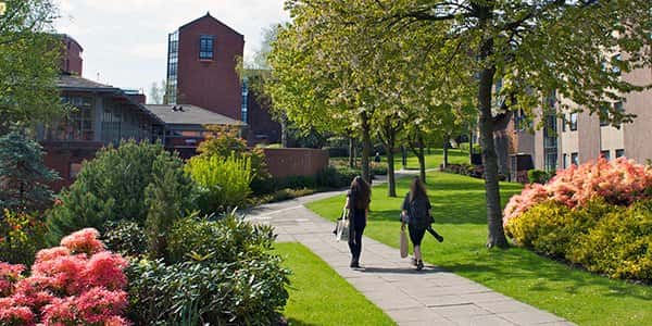 Students walk through campus on a sunny day.