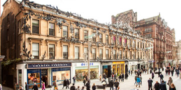 exterior shot of princes square from buchanan street with lots of people walking past