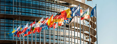 European flags outside European Parliament.