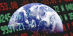 An image of the earth with stock exchange figures superimposed on top