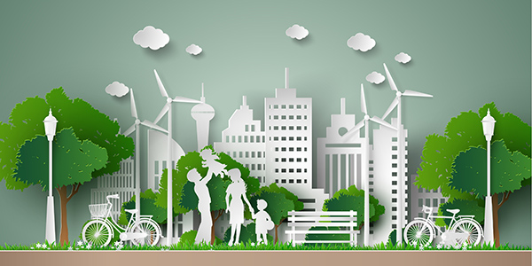 Illustration of city with renewable energy and people