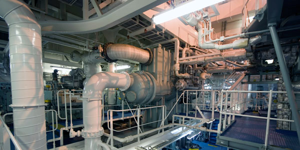 an engine room full of pipes on a ship