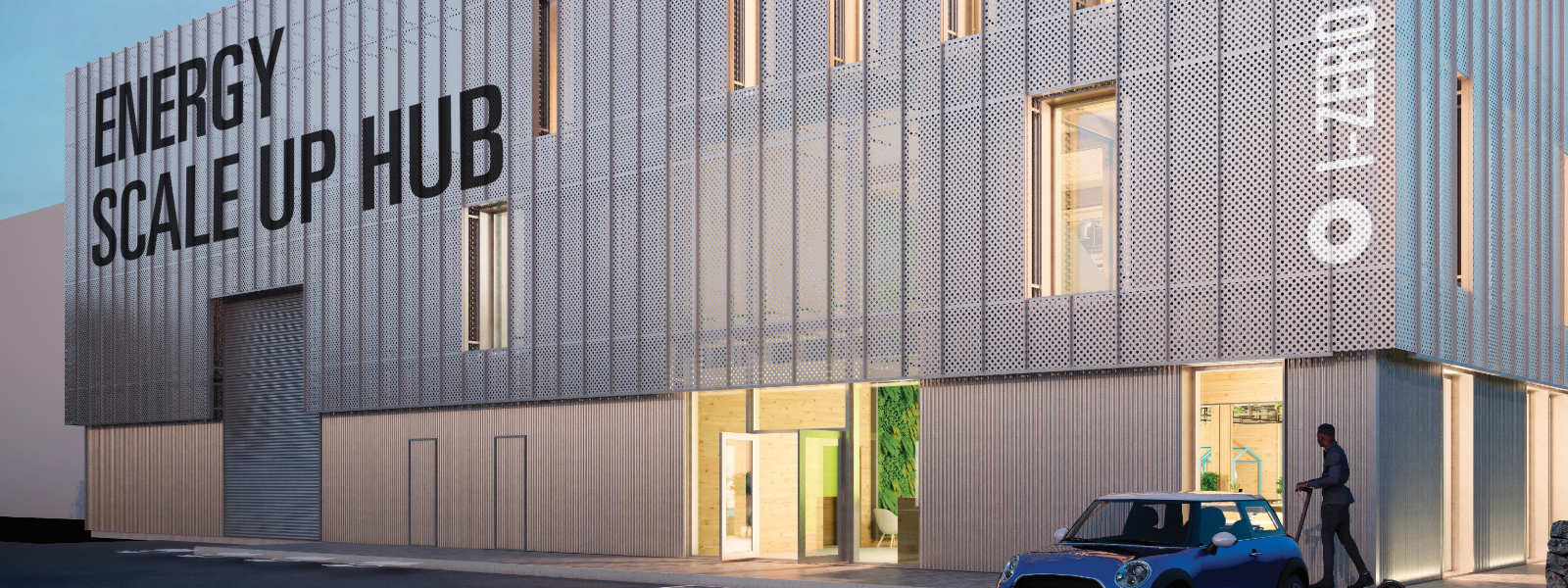 Artist's impression of the finished Energy Incubator and Scale-up Hub building featuring grey mesh cladding and large signage on top-right facade of building