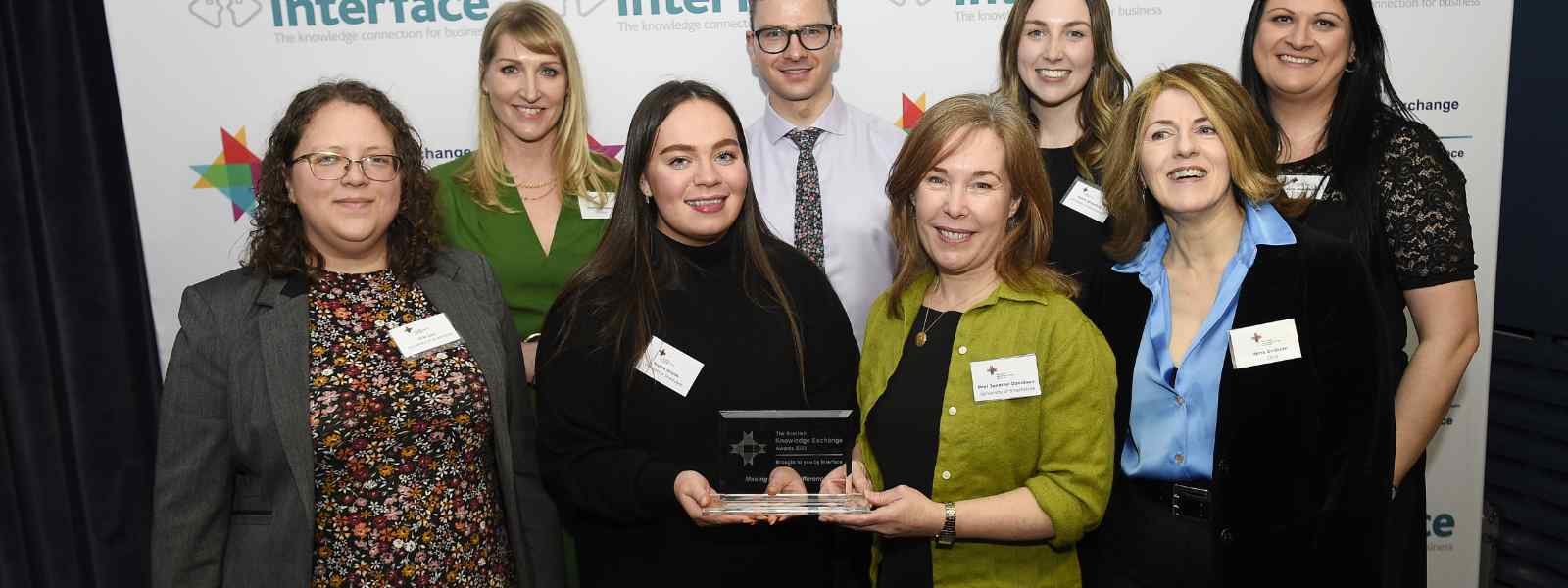 IICF Executive Director Professor Jennifer Davidson (fourth right) with, left to right: Research Associate Erin Lux; Interface Director Amelia Whitelaw; KE Assistant Sophie Shields; Research Fellow Dr Dimitar Karadzhov; Project Manager Helen Schwittay McArthur; Interface Associate Director Laura Goodfellow; Nina Graham of award sponsors CEIS  